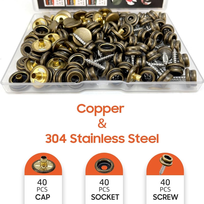 HAPDEN 160 Pcs Snap Buttons, Snap Fasteners Kit 15mm Stainless Steel Snaps Marine Grade Boat Canvas Snaps, 3/8" Socket Metal Snap for Clothing Leather Boat Cover Fabric (Bronze) - Image 4